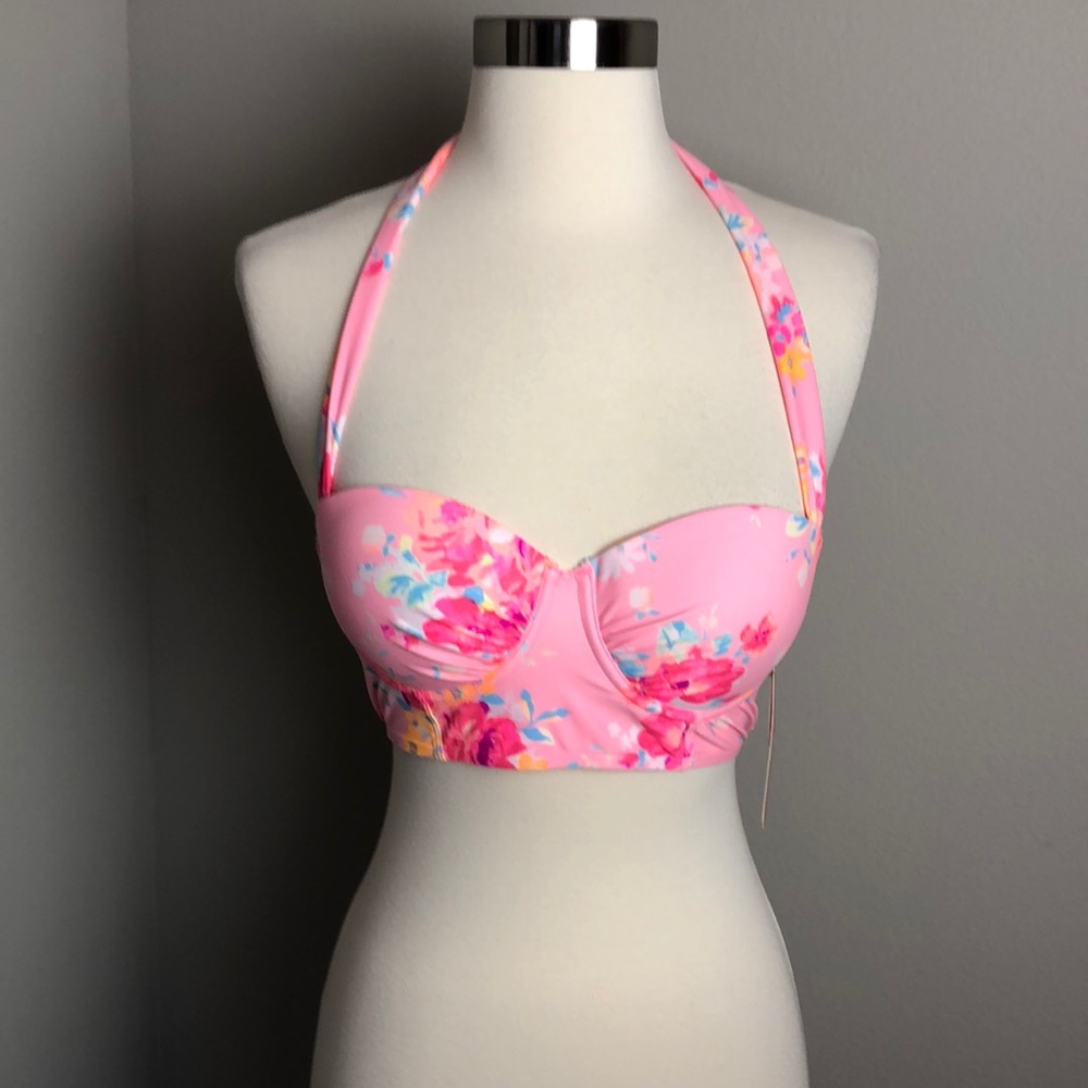 Gianni Bini pink floral push up halter bikini top